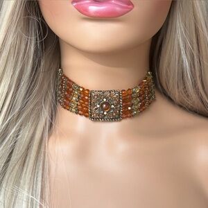 Amber Colored Beaded Choker Necklace